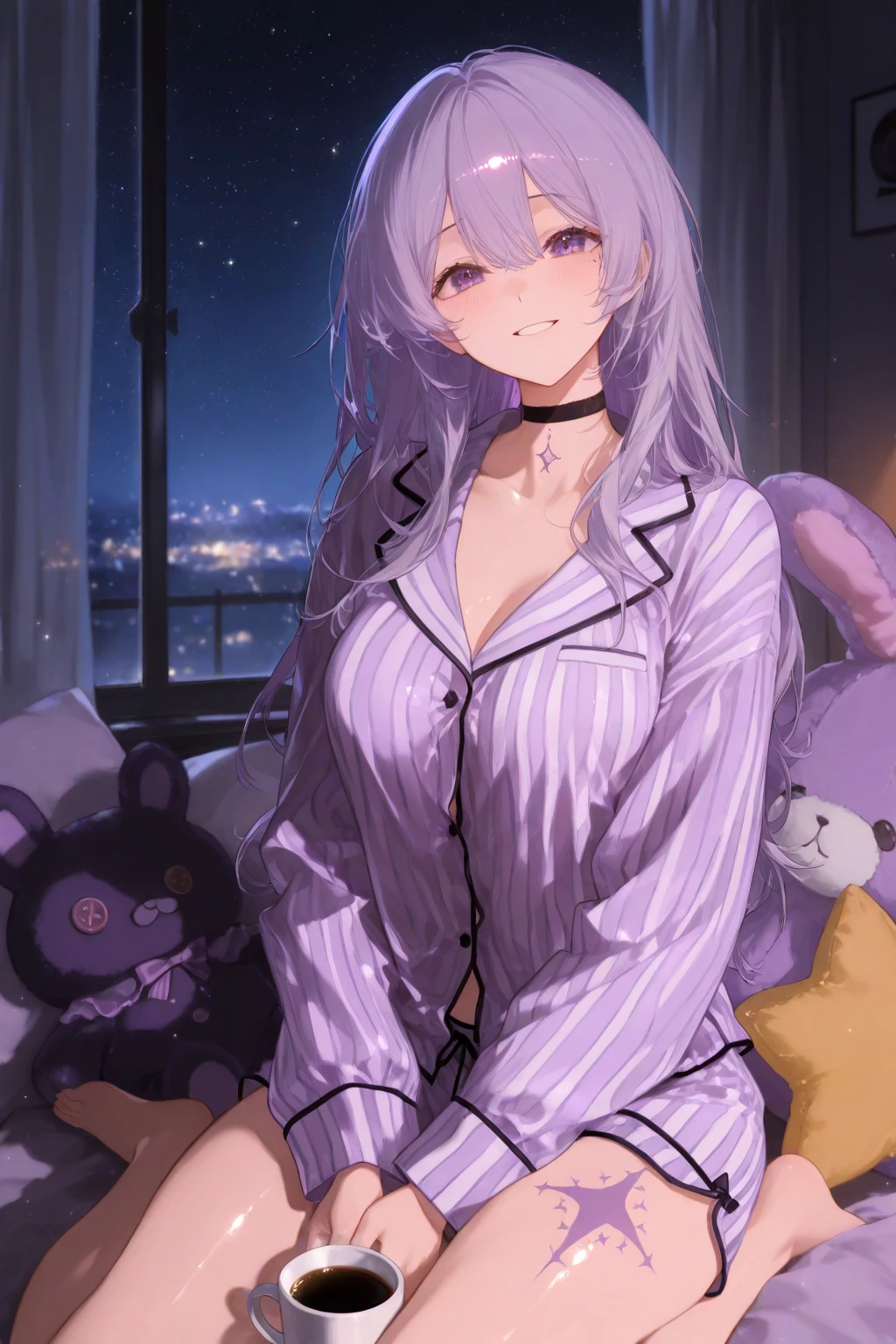 gray hair, semi-long hair, purple eyes, glowing eyes, blush, mature, bed, night, pajamas