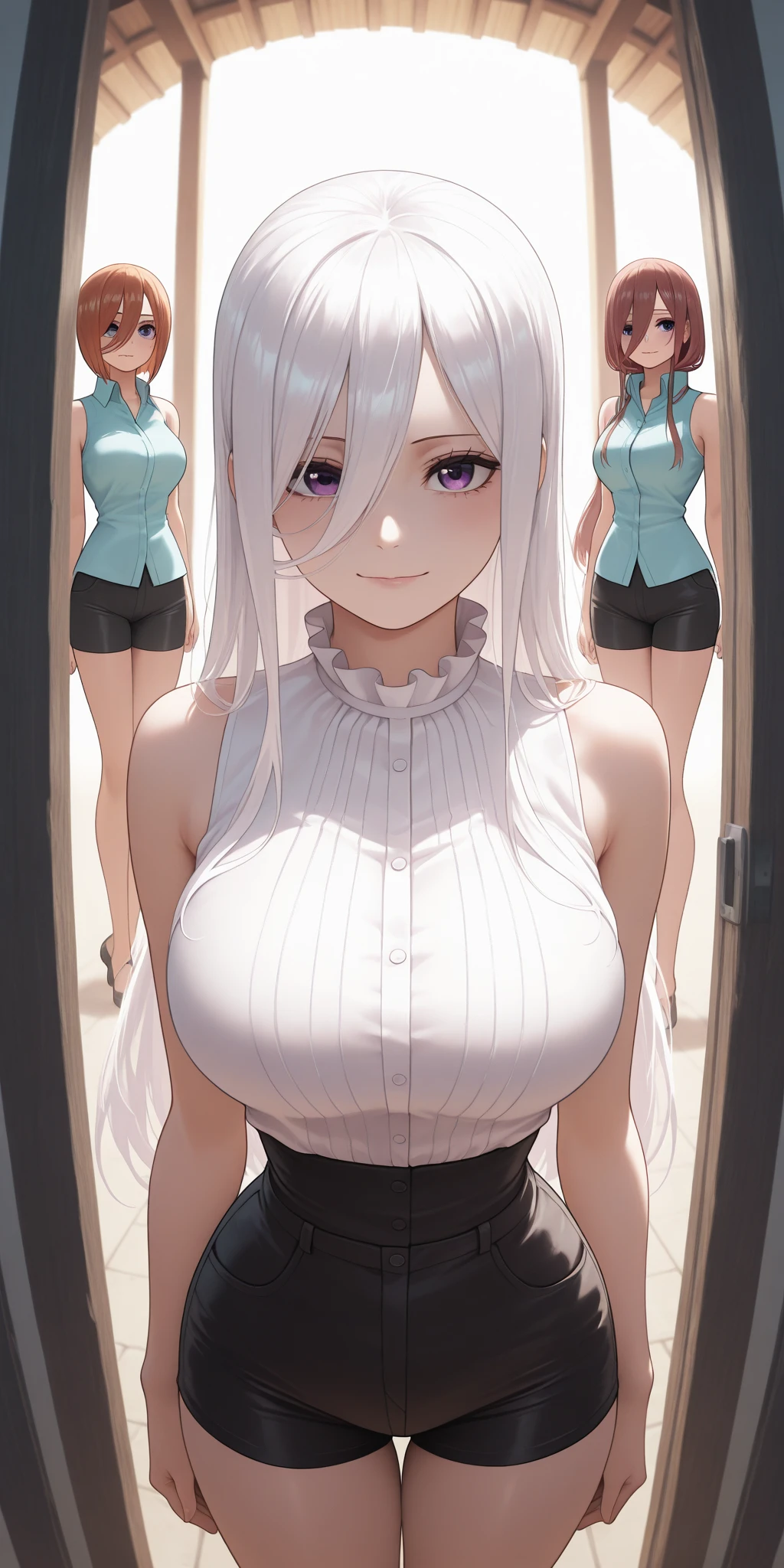 White haired white anime girl smiling blushingly without clothes