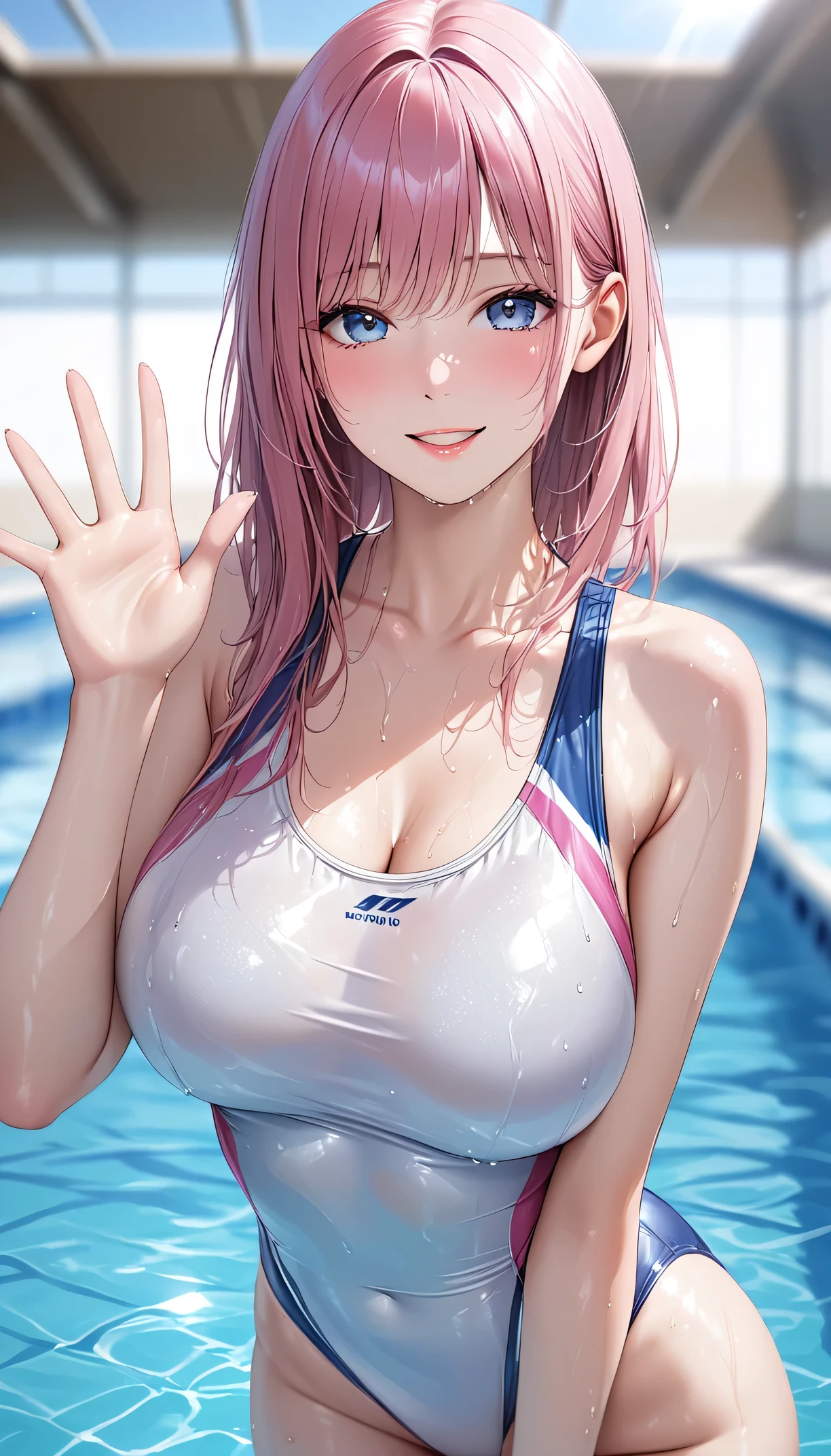 top-quality、Full limbs、complete fingers、One beautiful woman、(Beautiful Large Breasts)、Long ponytail、Pink hair、Purple competitive swimsuit、appearance々Swimwear with colored lines、Wet texture、A big smile、swimming stadium、sexypose、Swimming in the water