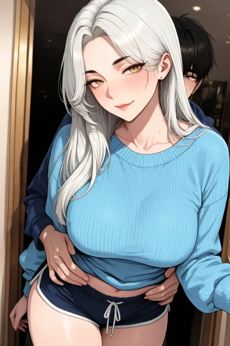 Hot sexy beautiful  milf riding a motorbike with ugly fat old man on bed,white see through t shirt,black pant,indian long silver jhumka earrings,big breasts,  lipstick,makeup,silver hair,slick back long hair,blush,blue eyes,1 girl,1 boy