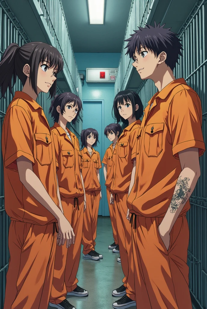 Shota, 1boy, shotacon, onee-shota, orange jumpsuit, indoors, prison, jail, scared, surrounded by girls, cleavage, multiple girls, ((dark-skinned male)), black hair