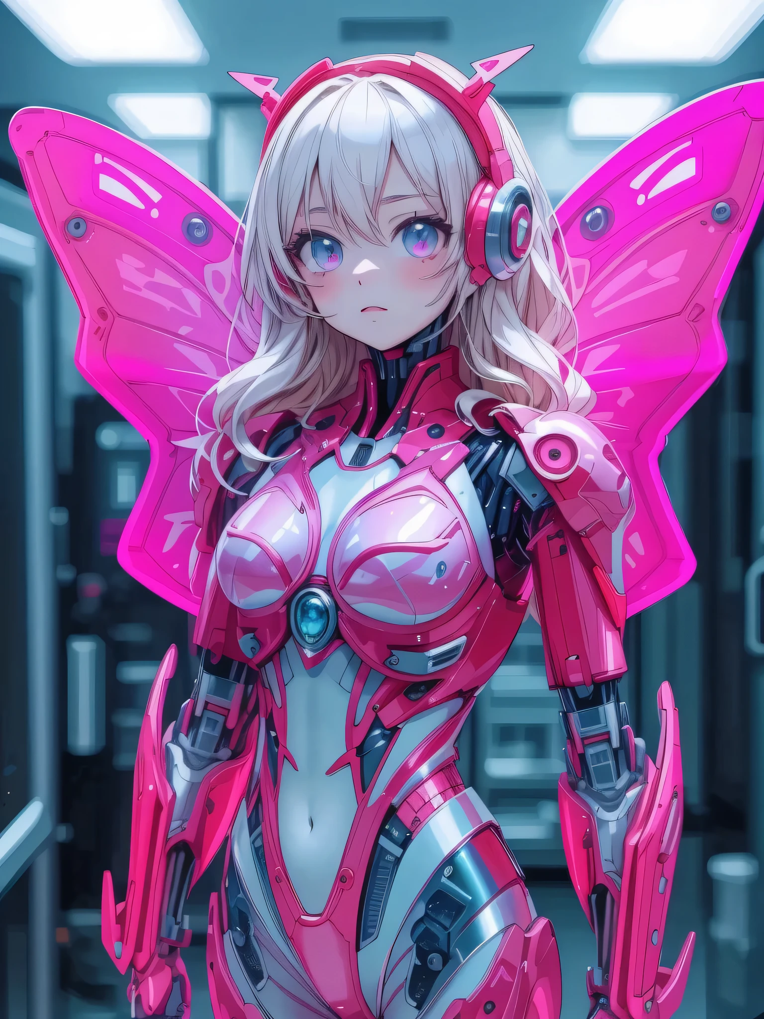 ((Highly accurate drawing across the details) Extremely accurate depiction )[high resolution],((realistic texture expression)),(Clear and precise illustrations),(Very fine and precise drawing ),(Delicate lines with slow speed)[[Beautifully color-tressed main lines]],[Lab],[[HENTAI]] ANIME ([Beautiful girl robot]CYBERGirl anime Beauty [13 years old] Cyborg[wavy hair (platinum blonde)]),([Butterfly Wings]Magenta pink Papillon Cybernetic Armor[[Hologram JELLYSKIN]Luminous Aurora Armor[Prismatic material covering the body surface]])(Papillon Cyber Headgear [semi-transparent material]),(Cybernetic[ Clear Multi-Layered Lenticular Iris]),(Intricate and beautiful decoration[high density details]),(Fine, and beautiful skin expression[Transparency]),(精密に細部まで描画された美しい目のdetails)[[深いTransparency][Sharply defined pupils](A jewel-like iris)((Beautiful eyes clearly drawn down to the smallest detail))]),[[Eye Light[Pinpoint lighting for the eyes]]],[Long and beautiful eyelashes],[Soft looking lips],[[Uncluttered hairstyle]Intricately drawn hair[美しく艷やかな髪のdetails]],(完璧な手のdetails[Beautiful fingers without flaws[Beautiful nails]]),[[[[Beautiful navel]リアルな臍のdetails]]],(Perfect Anatomy(Perfect, well-balanced proportions))[[full body image:0.4]],[[High level of design[The golden ratio]]][ideal color coordination(Accurate simulation of light and material interactions)[Beautiful and vivid color]],([precise details](details,高Fine)),[[Deep color(Transparency)]][Narrative visual art],[[Personalization]]((top quality)Fine[[High density drawing]])(最high resolution).