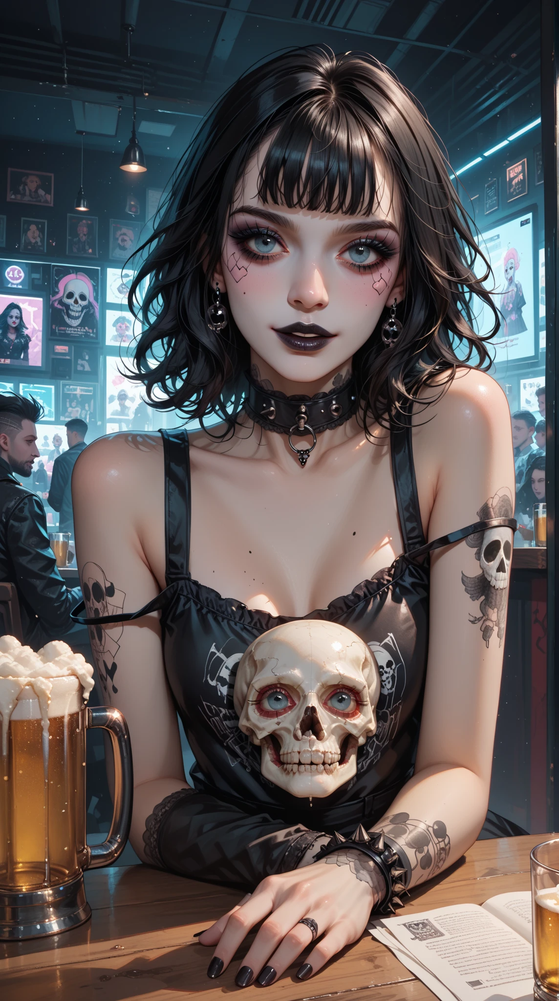 bukkakeAI, (((bukkake, facial, cum))), average gothic girl, wild dark punky hair, full body portrait, wearing unbuttoned leather dress, (many tattoos), sunny, outdoors, (realistic skin 1.2), NSFW, lips parted smile, ultra high res, (detailed 1.2), dramatic photography poolrooms