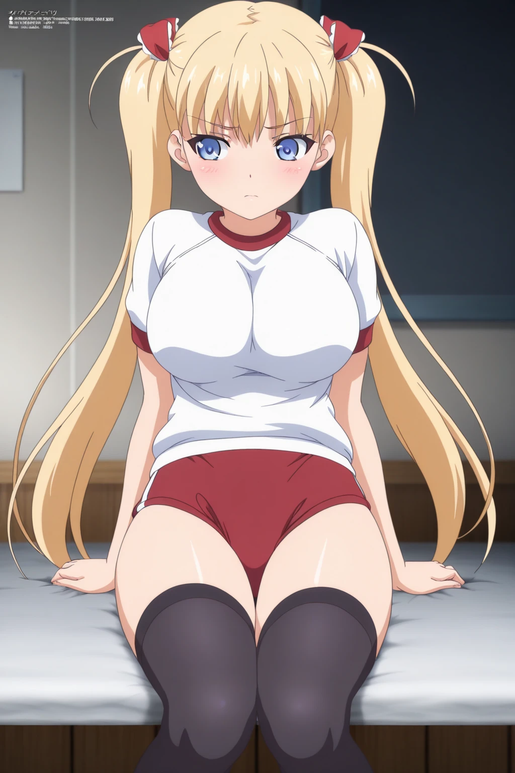 (one-piece swimsuit, old school swimsuit:1.3), aaillya,long_hair,blonde_hair,red_eyes,hair_between_eyes,bangs,white_hair, 1girl, solo, 9 years old, from above, short stature, Short arms, Short legs, perfect anatomy, (gigantic breasts:1.4), thighhighs, pussy line, looking up, blush, ecstasy, bed, bedroom, absurdres, (anime colored, official art, anime screencap:1.3), masterpiece, best quality,