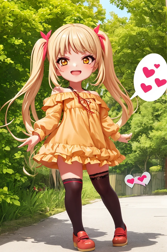 1girl,,tanned body,twintail,,,looking viewer,,,(((Gyaru))),glossy lips.(spoken heart),smirk,open mouth,outdoor,dress,off shoulder,miniskirt,thighhighs,