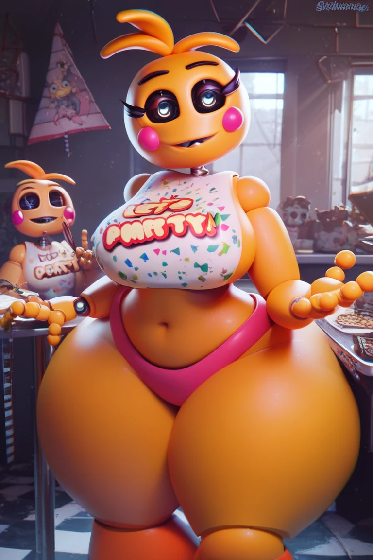 Chica from Five Nights at Freddy's, ((insanely big thighs)), ((fat rolls on hips)), ((gigantic hips)), (thin upper body), (massive lower body), thighs several times wider than body, thighs occupy most of frame, ((looking down at her own thighs), ((obese)), ((ssbbw)), (eyes wide), (1eyebrow raised), (clear face), shocked expression