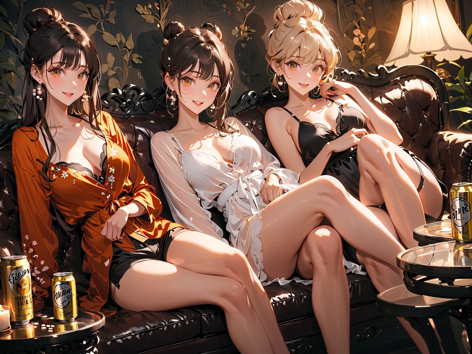 Four female clerks sitting in a cabaret club with bottles of alcohol in the back, beautiful alluring female,doress,Erika Sawajiri and Haruka Ayase,Asian Women, Facing straight ahead, Japanese, Ayumi Hamasaki and Noriko Sakai, looking partly to the left, with black, candid shot, exclusive, hostess woman, Beautiful women, Huge breasts, Cleavage, massive breasts, Nude, Naked, ((Hairy pubic hair))