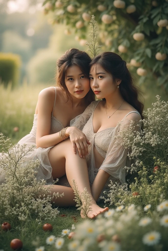 NSFW， 8K Raw photograph， best qualtiy， tmasterpiece， 超高分辨率， filmgrain， cinematic ligh,looking at viewert， Natural skin texture,Realistic Eyes and Face Details,((Realistic:1.5)),Ulzzang-6500:1.4,((Best quality)), ((Masterpiece)),((Detailed)),2girls,duo,{2 beautiful women}, (Upper body:1.3),Hug and touch each other, Tease your friend's waist, Breathless friends, Biting a friend's earlobe, crouched,super wide shot,Face focus, Long legs,Curvy, Barefoot,Wide hips, Thin legs, Oversized eyes,Long eyelashes, (Detailed face,beautidful eyes, detailedpupils,detailed clothes features, Clear background:1.3), (armlets, bangle:1.3), Mysterious ancient ruins, floresta exuberante, Deep canyon,bridge,River,cliff,Cloud,lakes,Rock music,Waterfalls, Flowers, Grass,grape trees,tree,bright detail,Sharp,Perfect compounding, Intricate, Sharp focus, Dramatic,