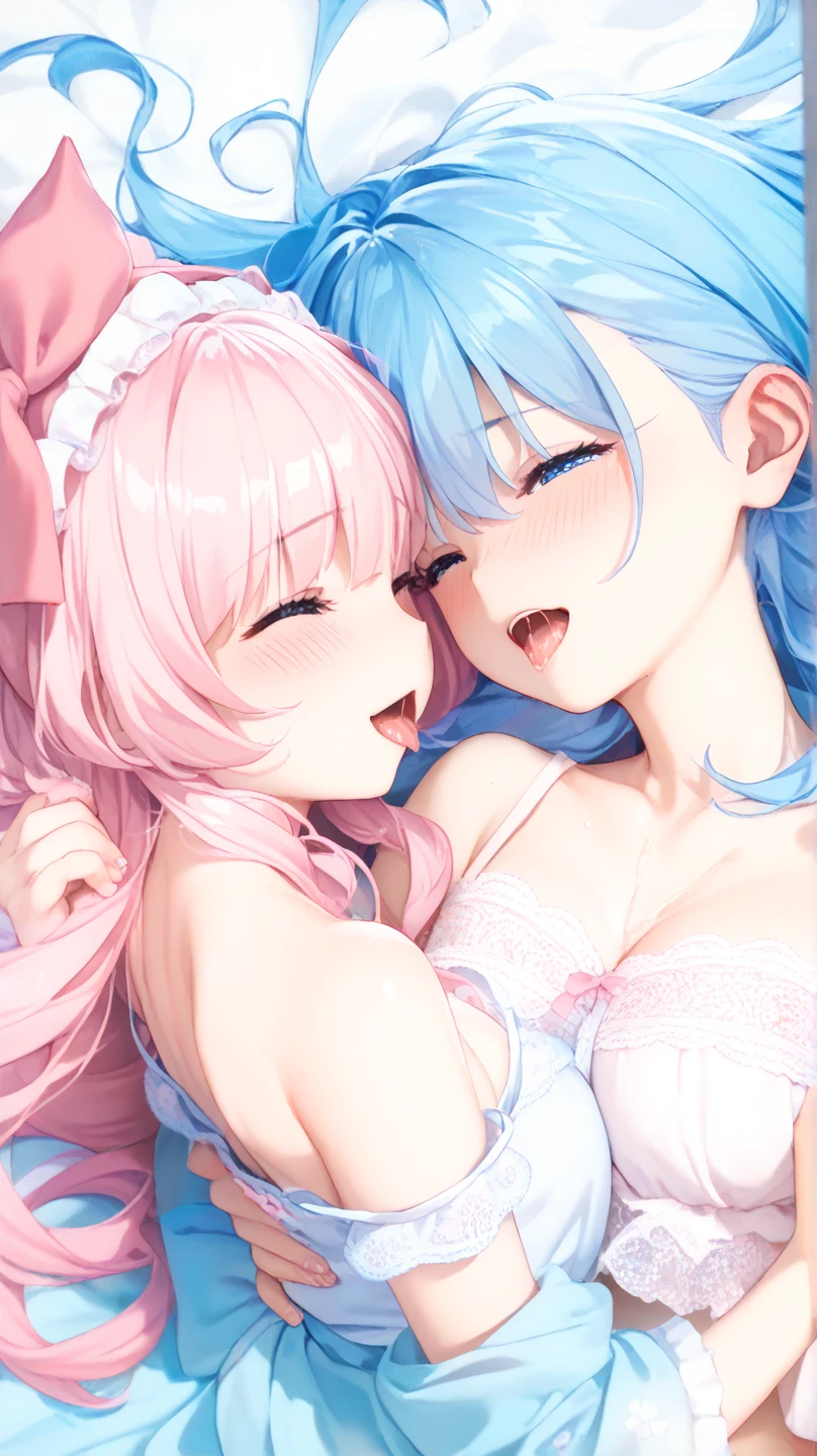 Fantasy、womanの子、Homosexuals、woman✕2
cute、Light blue hair and pink hair、Twin tails、
Lie down in bed、A little erotic