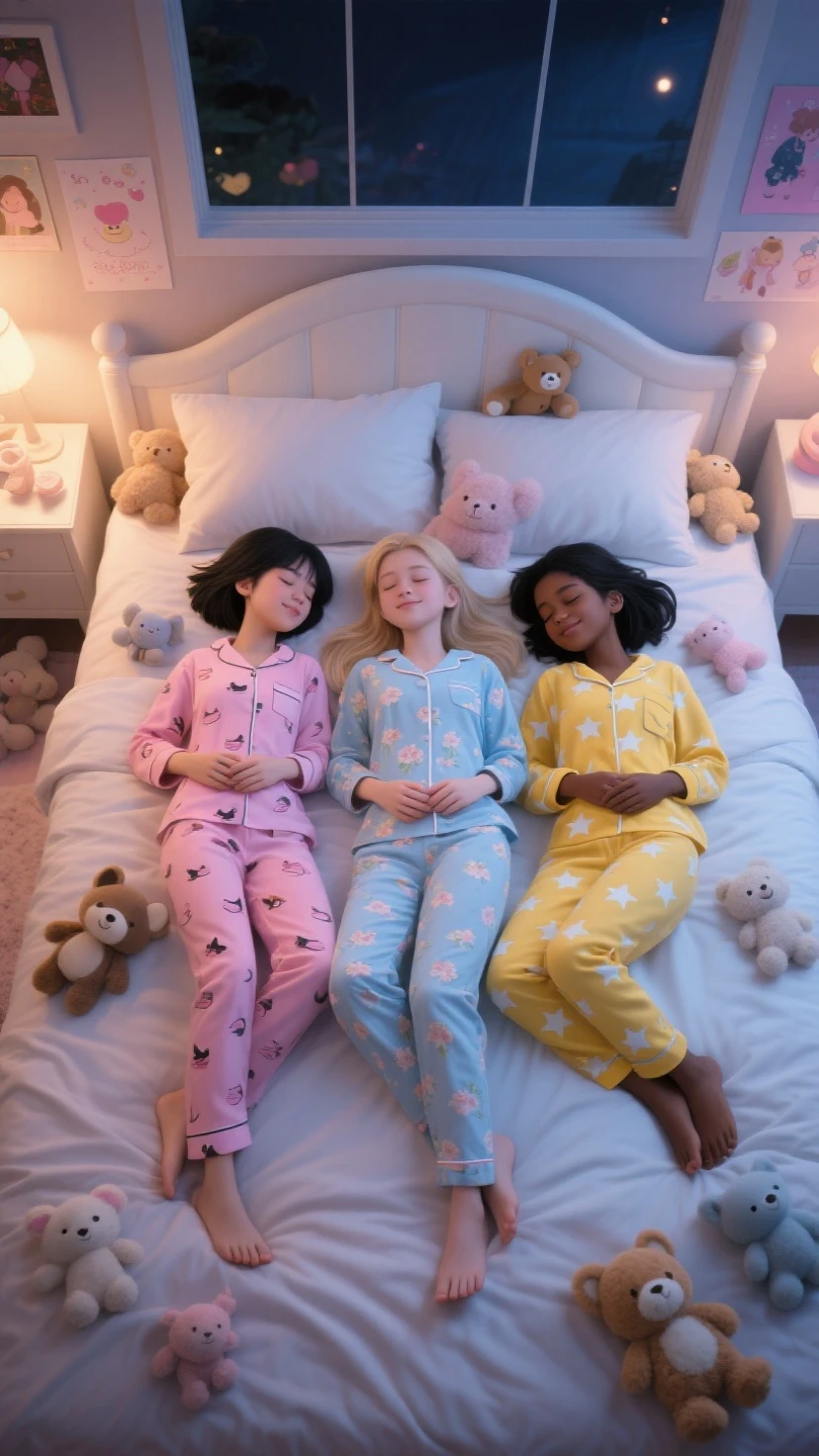 Three identical newborn baby elves with white hair, pointy ears, and pale skin, wearing light pink onesies sleeping in a wooden crib in an elvish Woodland palace