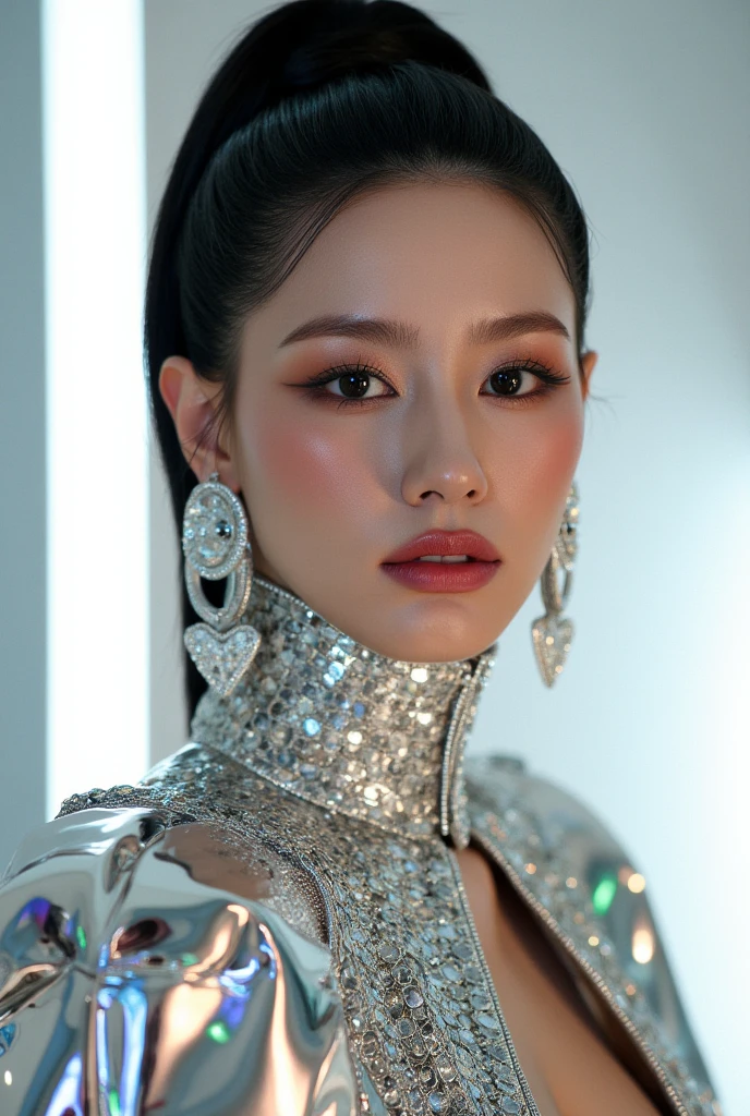 (RAW photo, best quality, masterpiece, ultra-detailed, high res), (realistic),(extremely delicate and beautiful:1), mesmerizing woman with long hair in sleek high ponytail , (((wearing glossy silver cloak fastened at the neck :1.20))), crop top and hotpants , detailed features, smiling expression of feelings, imaginative, highly detailed, extremely high-resolution details, photographic, realism pushed to extreme, fine texture, 4k, ultra-detailed, high quality, high contrast, full body shot