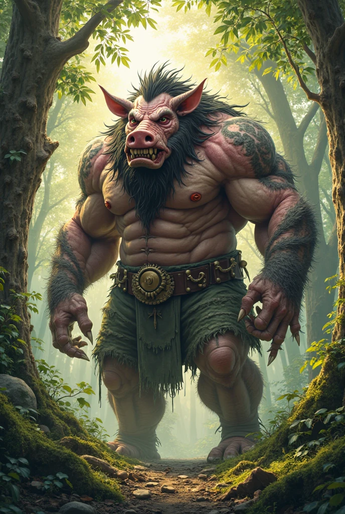 A pig man whose right hand was replaced with a rusty old iron hand has large tusks and a beard holding a wooden stick Walking in the middle of a very scary forest 