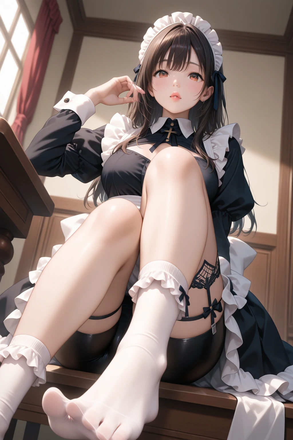 a cute bunny girl smiling, nylons, pumps