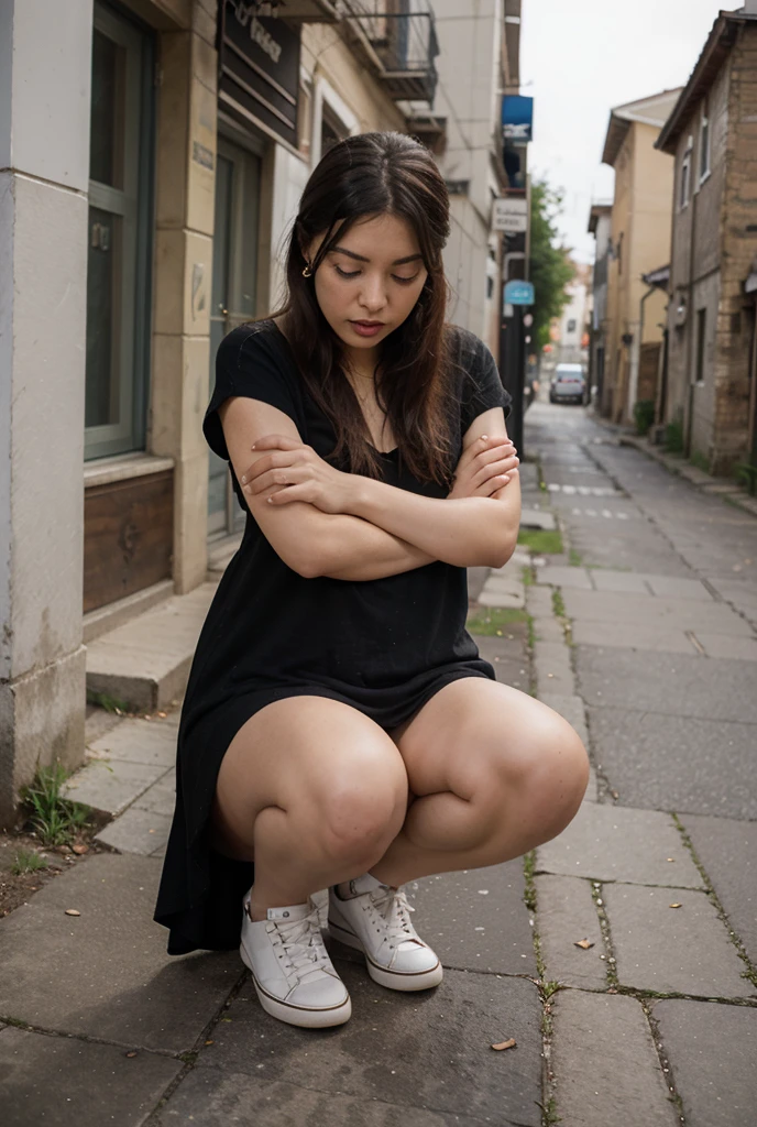 Giant girl sitting in the city,  Bigger than buildings, shrinking people, Look down, Blue hair,  Real person, perfect full HD face, GTS, Smiling face, Belly, 
