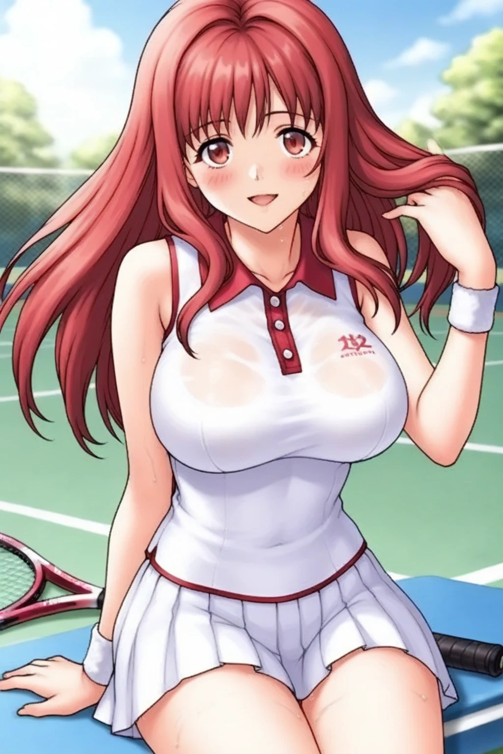 masterpiece、highest quality、big breasts、redhead、yellow headband, hair clip, tennis field、tennis wear、serve