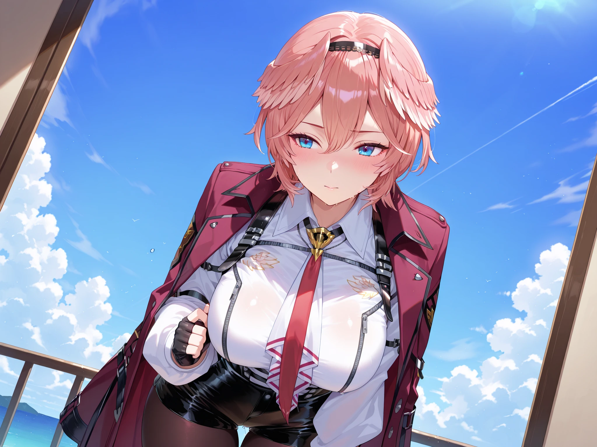 solo,masterpiece,best quality, amazing quality, highres, absurdres, very aesthetic, high resolution, ultra detailed, perfect details,(masterpiece, detailed:1.2),luiIL,luidef, head wings, short hair, hairband, puffy long sleeves, collared shirt, high-waist shorts, red necktie, coat on shoulders, fingerless gloves, thigh strap, pantyhose under shorts,mature female