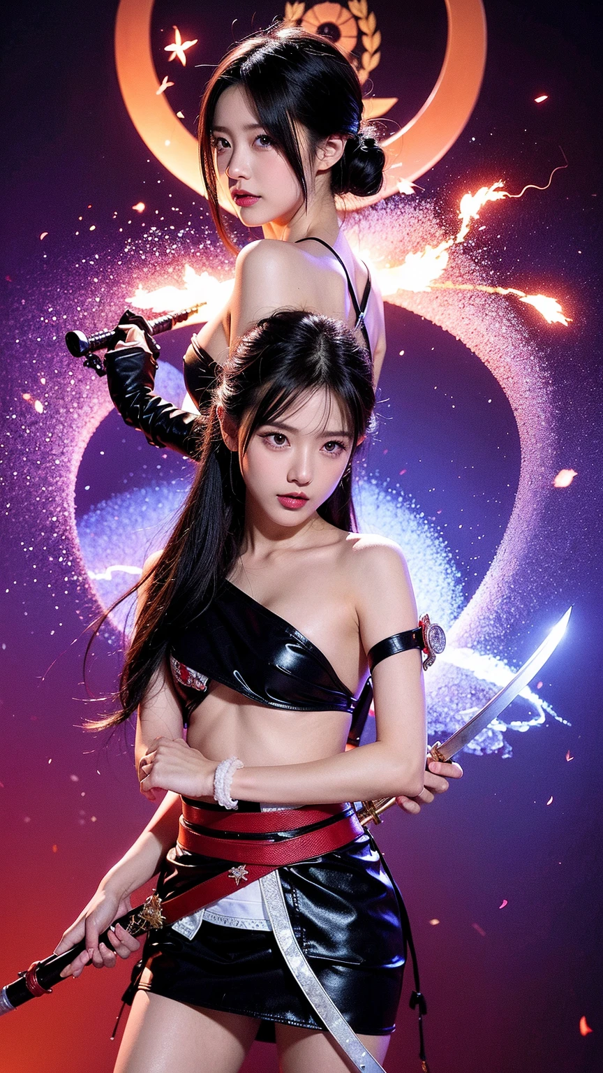 (Cute beautiful girl 1(15 years old)(Middle school students)female, Holding a black sickle emblazoned with a symbol of Japan signifying death, Black flames emerge from the decoration., The sickle blade comes out of it.、A black wind blows with the ghost of a skull, Judy female with perfect face and scythe is wearing the appropriate outfit of scythe steel, The female has black hair, The woman is the incarnation of the Grim Reaper., (The background of the CG 8k module is very detailed) (Highest quality), (Best illustrations), (Best shade), Very detailed t--v6