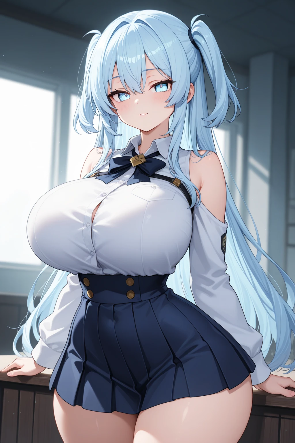 Ultra-high resolution,masterpiece, Attention to detail, Highest quality, 4K,(Light blue long hair),(well endowed,Captivating body、Ultra-detailed skin、Beautiful eyes、Detailed Background),1girl、(Wedding dress、Embarrassed)