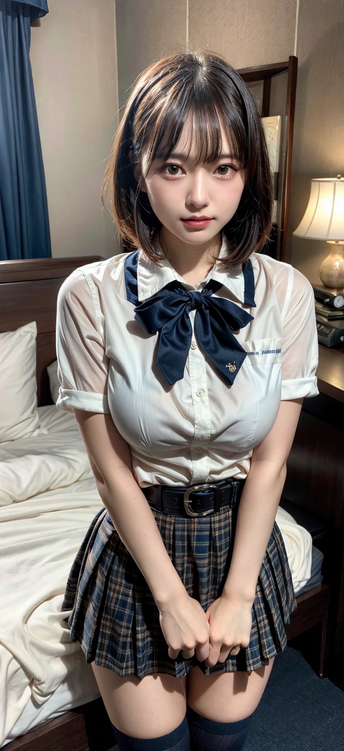 muster piece, best quality, illustration, Super detailed, fine details, High resolution, 8K,wall paper, perfect dynamic composition,(Details High quality, realistic depiction of eyes:1.3), (collared shirt:1.1), pleated skirt, short bob hair、black hair color, Big Natural Color Lip, bold sexy pose, crying a little、cold gaze, Harajuku style、acrobatic pose, 20 year old girl、cute type、lolita、beautiful legs, hotel room, gravure idol, Voluptuous thighs, huge breasts