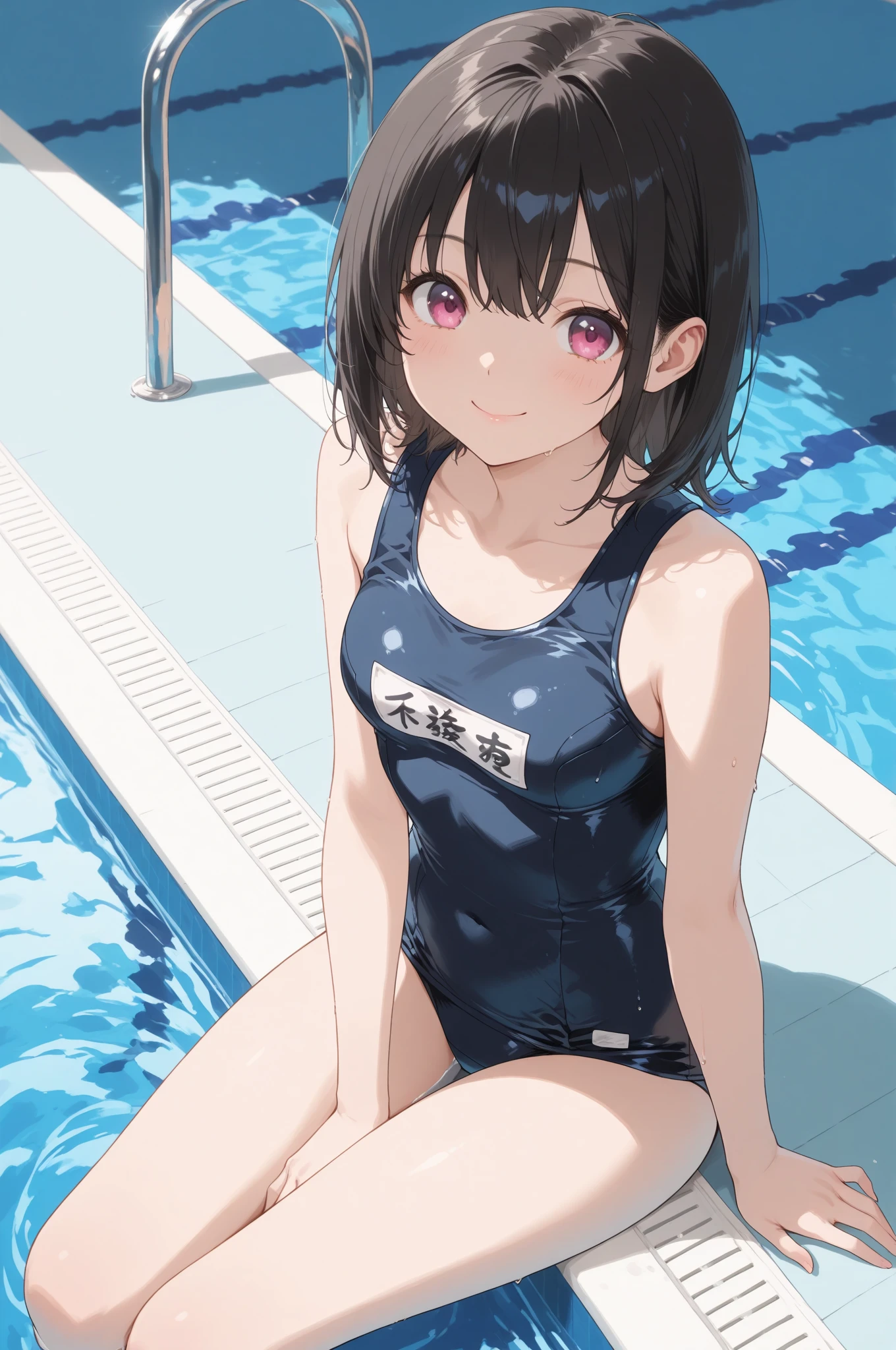 (Kambara Suruga),One person, alone, Brown eyes, smile, short hair,l Tired of viewers, bandage, Naoetsu High School, smile, short hair, Medium chest, (red and blue swimsuit), (Wet: 1.2), squat, (Spread your legs: 1.3), whole body, Poolside, Dutch Angle