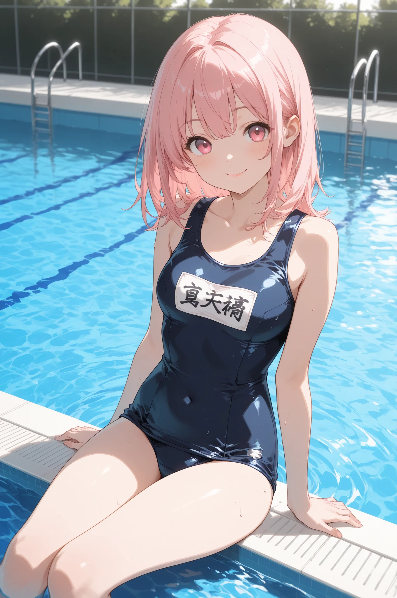 8K quality,(super masterpiece:1.3),Highest quality,Detailed Images,1 female,symmetrical beauty,10th Generation,Medium build,face(confusion,blush,bright red,Sweat),(Pink Hair,Long Hair,High Ponytail),(Thick eyebrows,Thick eyebrows),(Droopy eyes,Green Eyes,Green Eyes,Bright Eyes),(Large Breasts,F cupの胸),Tan Skin,(School Swimsuit),(Draw the whole body),background(Submerged City,Flooded station,Submerged City,A sunken ruin),(faceはカメラに対して真正面を向く,Looking directly at the viewer,looking at the camera,The body faces the viewer,The body is facing the direction of the camera,faceはカメラを真っ直ぐ見る).