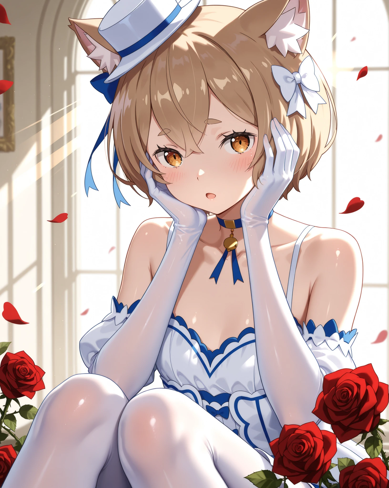 front viewer, 8k, ((upper body)), (masterpiece), hyper detailed, best quality, vtuber, solo, RE:Zero, felix, ferris, hands on face, ((translucent white Victorian)), a great neckline, ((glare with a ray of sunlight)), ((choker with roses and bow)), very blush, huge choker, bare shoulders, sexy pose, semi-open mouth, ((knees on her chest)), red petals, white stockings, long gloves, flared hat, shiny skin, short hair, cat ears,