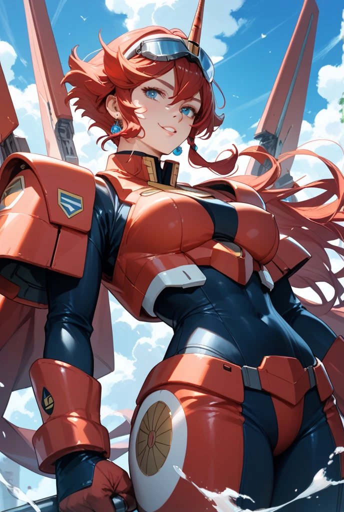 dragon ball style, evangelion style, 1girl in front of large mecha, blue eyes, medium red hair, wearing bodysuit, feminine