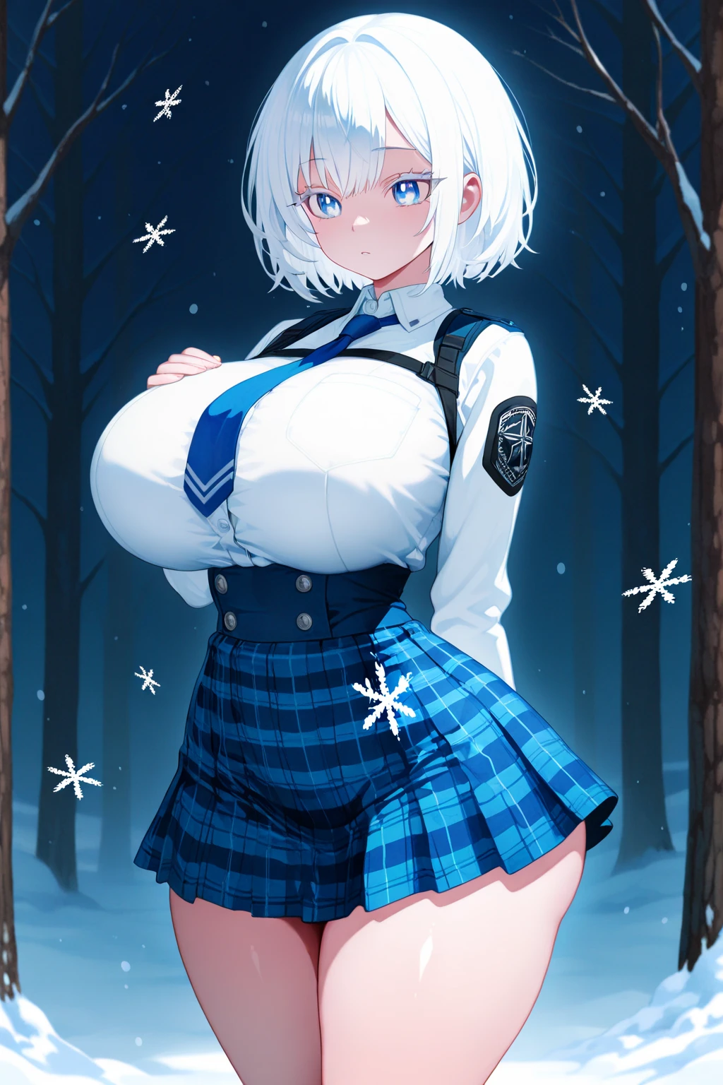 blonde hair, short hair, hairband, Purple eyes, 16years old, , empty eyes , large breasts, nipple, walking , Heavy snowfall area　frozen wet crying mountain solo