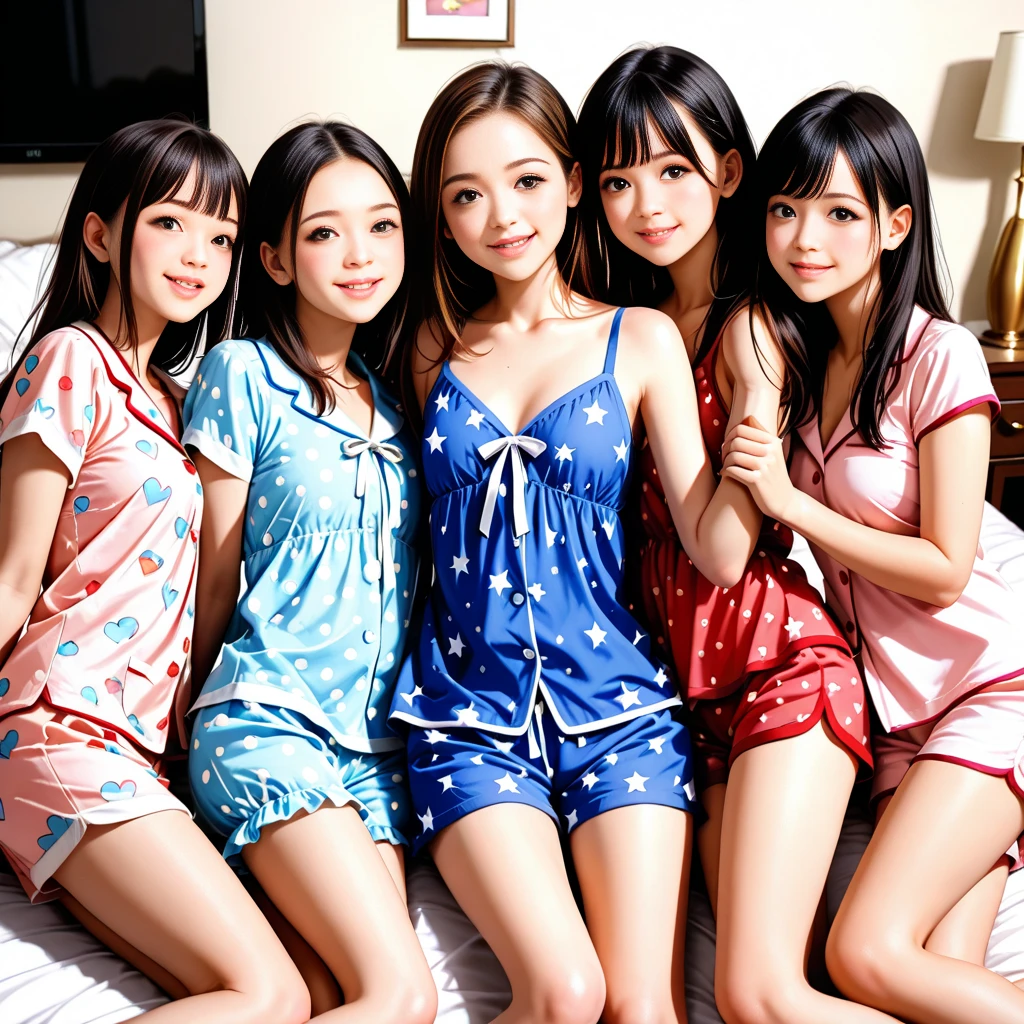 A friendship between three 10-year-old girls, The girls are wearing Lolita style pajama dresses with frills and ribbons. A kids room based on pastel colors.. Whispering on the bed, Princess Bed,pop frill pillow, pajama party, (highest quality), (masterpiece:1.3), (photorealistic:1.36), (realistic), super detailed,