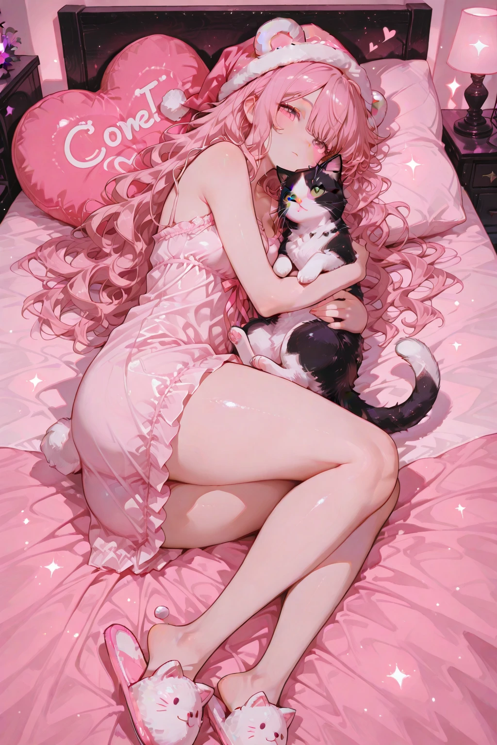 Dynamic lighting. Concept:
A girl in pajamas lying in bed, cuddling an adorable, fluffy cat.
Characters:
A girl with small tits (erect nipples), slim waist, big ass, thick legs, wavy hair in a white to pink gradient, and intense green eyes, wearing a sheer nightgown. The cat is a white-furred, very fluffy Maine Coon with bright blue eyes and a small bow on its neck.
Action/Interaction:
The girl is lying in bed, cuddling the cat to her chest with a tender expression. The cat purrs, relaxed with its tummy up, completely trusting.
Background:
Cozy bedroom with dim warm lighting. Heart-shaped pillows, kawaii slippers at the foot of the bed, and a star projector softly illuminating the ceiling.
Visual Highlights:
A short sheer nightgown, a nightcap with bear ears. Sparkling particles floating like dust motes.
Lighting and Atmosphere:
Warm, dim lamplight. Soft reflections, floating light flecks, slightly blurred background.
Style:
Hyperrealistic anime style, focus on soft textures, detailed fur, satin-sheen fabrics, reflected light in the eyes. Soft palette of pink, lilac, sky blue, and cream tones.