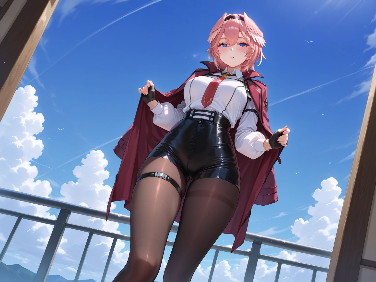 (full body), (masterpiece:1.2), (Highest_quality:1.2), (Ultra_detailed:1.3), 8K,Low - Angle,From below,1 Girl,alone,大きなButtの女の子, red knee high long boots,wearing spcc costume with cape,( Supergirl), Blue leotard,Red mini skirt,Red Cape,gloves,hoshino-ponytail,hoshino \(blue archive\), heterochromia,medium hair,ponytail,pink hair,ahoge,Halation,Browsing Caution,Heart-shaped pupils,orgasm, Butt,Sweat,(urination)