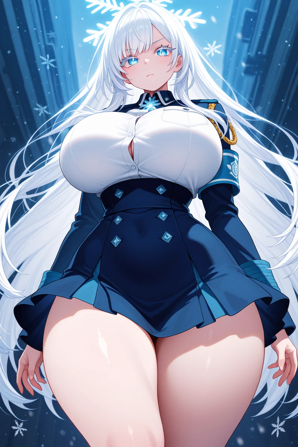 masterpiece, best quality, very aesthetic, absurdres, 1girl, mature_lady, ,cang_yue_(tou_xing_jiuyue_tian), blue_hair,expressionless, floating_hair, long_hair, bandage_over_one_eye, ,black jacket, blue skirt, blue ascot, white dress shirt, fly front, tights,in hot spring,Onsen,floating_hair,pussy_hair