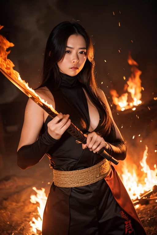 beautiful japanese woman with big boobs in revealing short ninja costume, preparing to strike, fighting pose, confident look, kung fu
