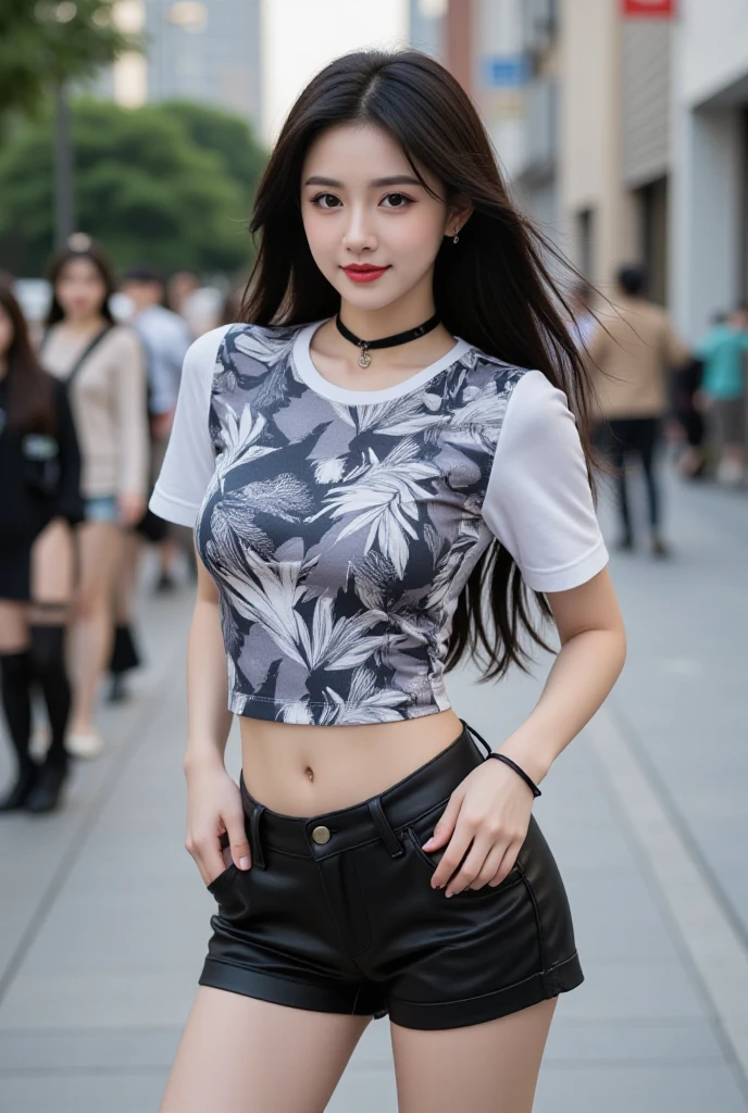 ((((top-quality))))、(((Ultra Precision CG16K Wallpapers)))、(((masterpiece)))、(((ultra-detailliert)))、(((Ultra-extreme details)))、One woman、a matural female、a 25yo woman、((Korean Face))、((extremely beautiful face))、((Korean Idols:1.8))、((poneyTail、curly hair:1.2))、(shinny hair)、Bangs up to the eyebrows、Beautiful brown hair、Beautiful delicate eyes、Brown eyes、lofty nose、small nostrils、seductive lips、slightly open mouth、Beautiful breasts、C-cup size breasts、cleavage of the breast、Plump body、perfectly proportions、perfect anatomia、Beautiful and detailed shading、Beautiful natural lighting、Beautiful detail glow、depth of fields、(((a high chroma)))、((realisitic:1.9))、((Vivid:1.4))、((Beautiful skin))、((Skin texture))、((Realistic skin feeling))、perfect-composition、((cowboy shot))、((Angle of view from the front))、((a smile:1.2))、(Eyes looking at me)、Bright sunshine、((Walking in the park:1.2))、(Blur the background)、((Wearing a leopard print high-neck long-sleeved tight shirt、Wearing a blue pleated mini skirt:1.5))、(a necklace)、