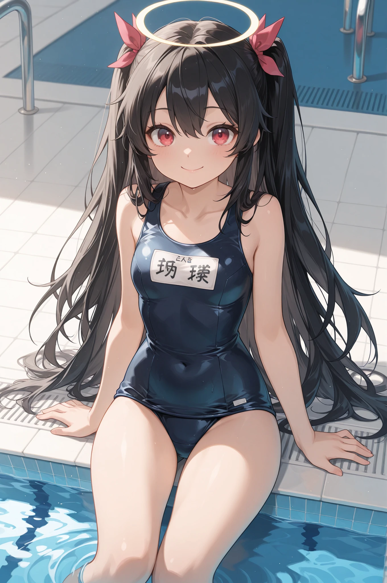 the beautiful character is sitting up on the side of the bed in cozy bedroom, 1girl, solo, swimsuit, long hair, school swimsuit, one-piece swimsuit, twintails, looking at viewer, blush, on bed, bangs, red eyes, name tag, pillow, brown hair, bed, bare arms, breasts, very long hair, bare shoulders, thighs