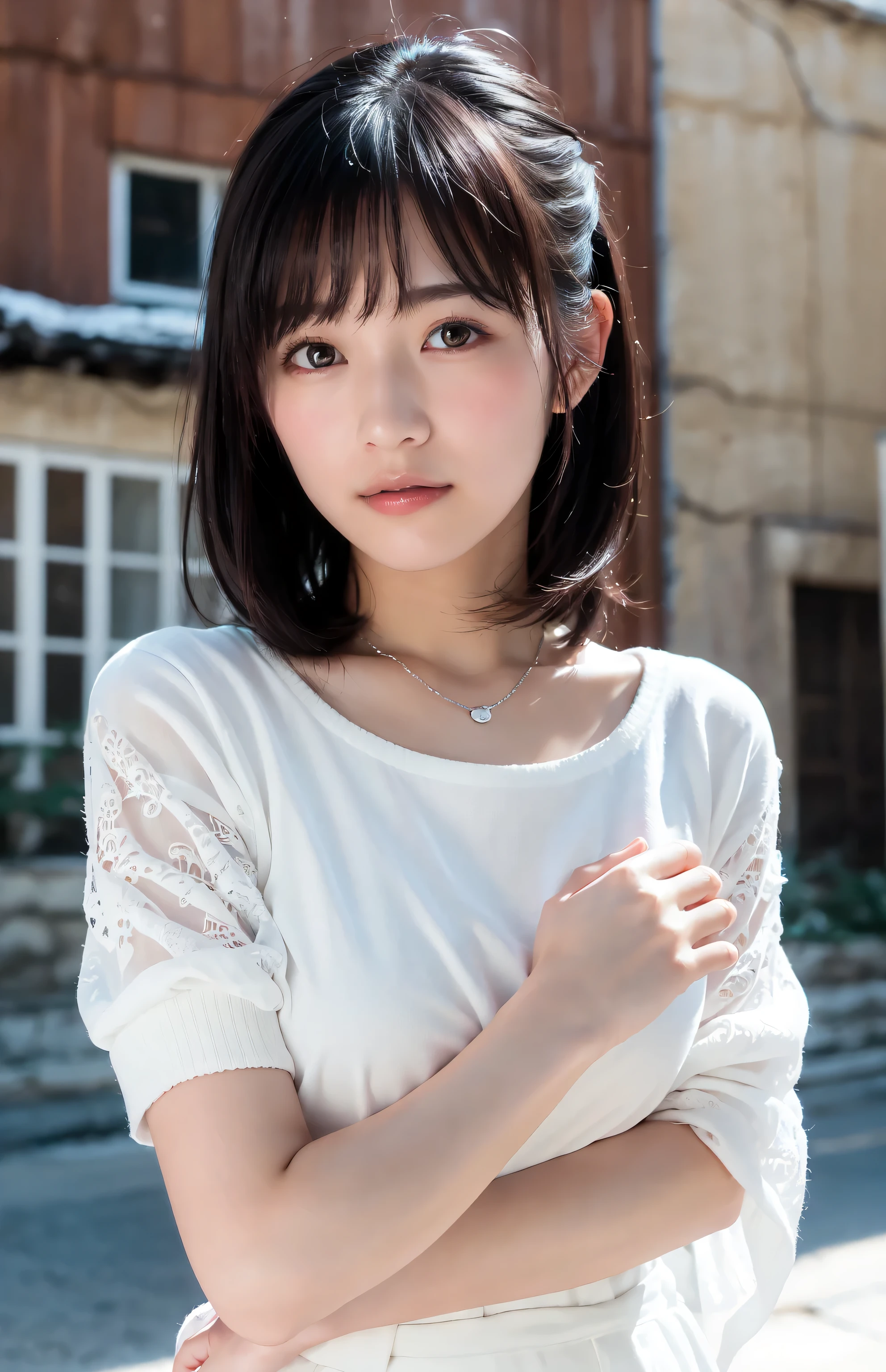 (8k,  RAW pictures , top quality, masterpiece:1.2), Hi-Res RAW Color Photos, professional photo shoot in front of a decayed house, (realistic, photo realistic:1.37), (top quality:1.2),  cinematic lights in the center , (Exquisite face:1.2), (masterpiece:1.5), (fashion magazine cover), 1 girl, solo, cowboy shot, waist, black hair, black eyes,I'm raising one hand
BREAK
Bokeh pictures, (soft focus):1.2, Blurry Highlights, dreamy vibe, shining circles, The Abyss of Enchantment
BREAK
I'm wearing a white knit,  Knitted fabric,   silver necklace
