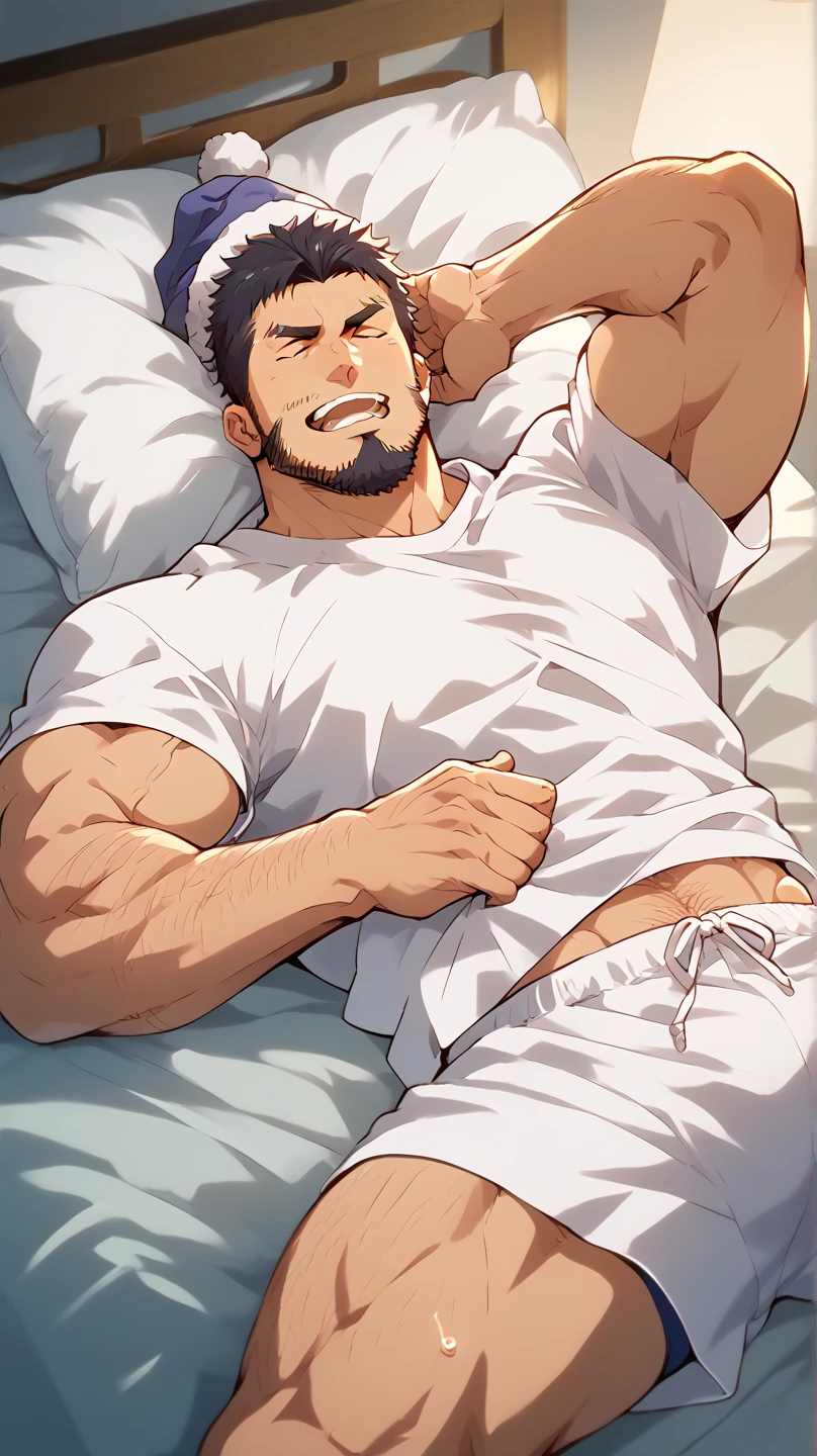 1man,masterpiece,best quality,from above,sweatdrop,lying,on bed,muscular male,facial hair,bedroom,hairy body,depth of field, messy, loincloth, buzz cut,