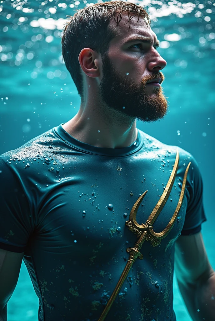 A strong man, short pink hair, short beard, has orange eyes, is underwater, has tattoos all in shades of black, has a golden trident, realistic drawing style, focus on the naked body