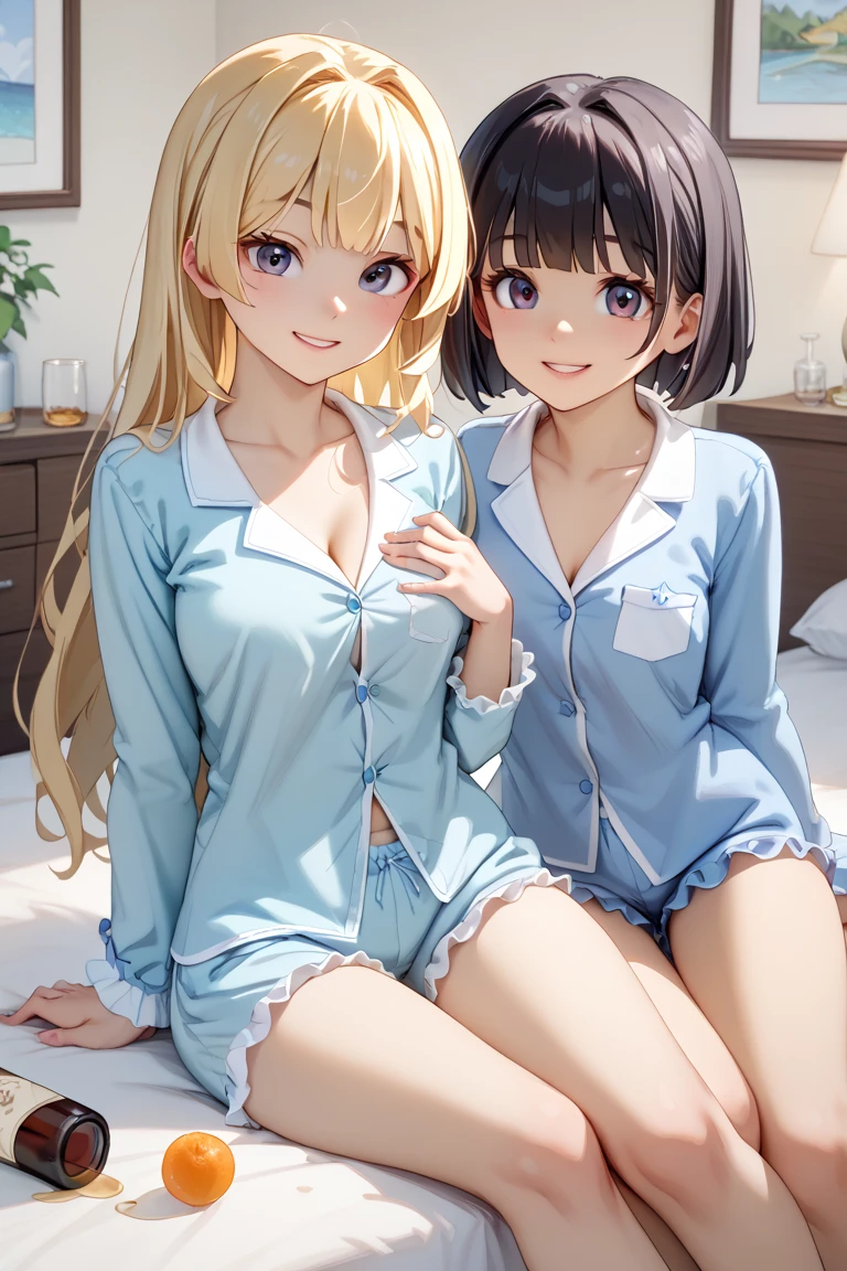 twin sisters slutty pajamas, blonde, green eyes, laying in bed, ultrasharp, high res, 8k, hd, looking at view