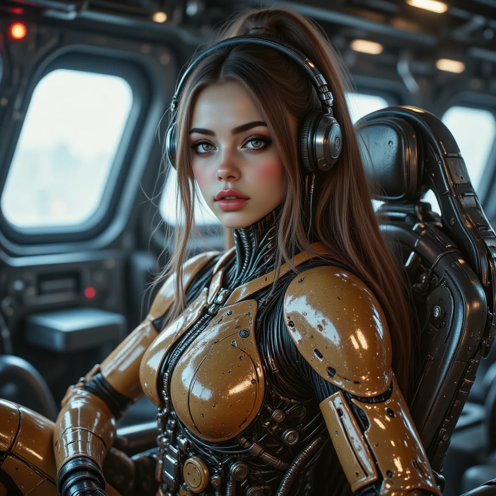 mujer exuberante y voluptuosa con uniforme a lascas de metal plata , oro y bronce con grandes ojos y piernas musculadas, cuenrpo entero, se encuentra en centro de control de nave espacial, (con maquinarias , tubos, cables y tecnologia).