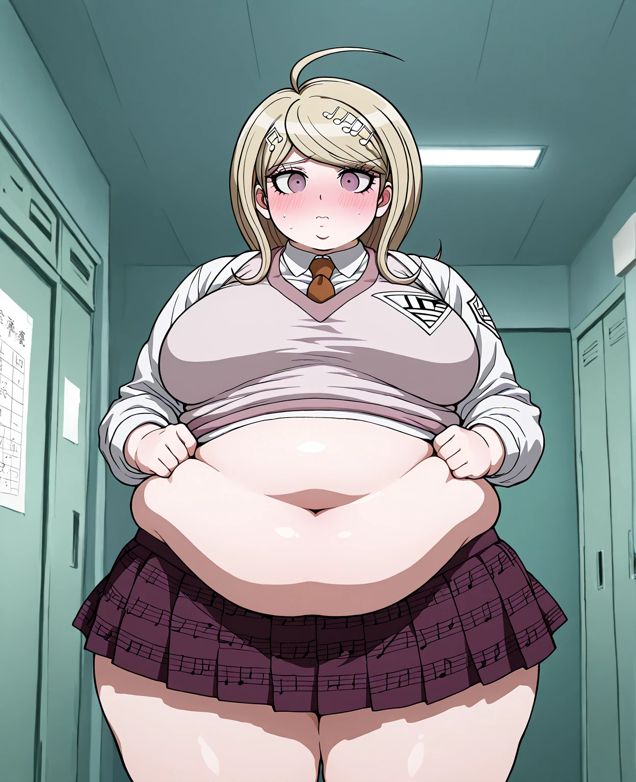 masterpiece, (photorealistic), (8k wallpaper) , (best quality), perfect quality, solo, (detailed eyes), girl, Elizabeth, very beautiful, small smile, young, face : (make up, young, very beautiful face, small smile, very beautiful, cute face, young, big eyes) , figure: ( very full body, big breasts, very full figure, very thicc, very thick, very chubby, very chubby belly, wide waist, very soft, very curvy, love handles, fat rolls, belly rolls, sexy curves, sexy pose, sexy, muffin top, very thick thighs, thunder thighs) , clothes : (tight black miniskirt, white tight shirt, tight uniform, black tights)