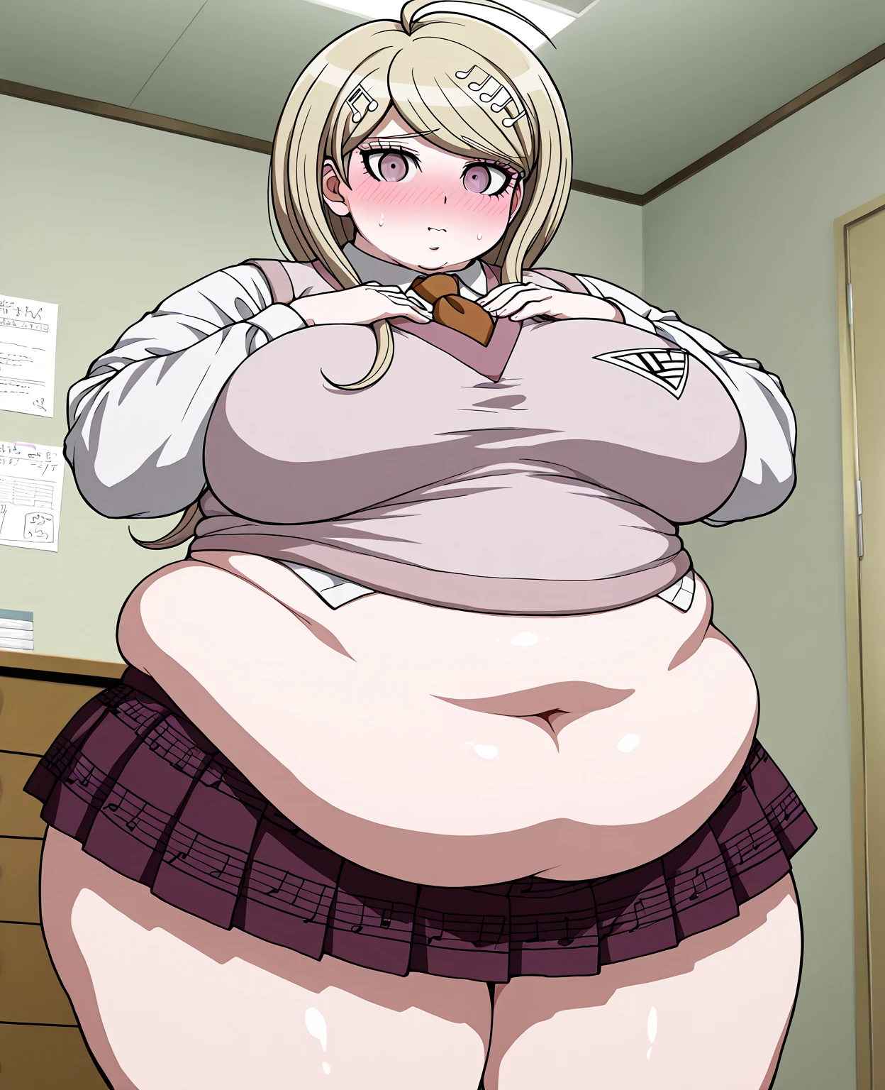 ((masterpiece)),(best quality),official art,extremely detailed CG,unity 8k wallpaper,ultra detailed,beautiful detailed eyes,extremely detailed face,classroom,1girl,solo,upper body,(portrait:1.5),looking at viewer,facing viewer,sleepy,half-closed eyes,deadpan,ahoge,very_long_hair,blonde_hair,messy_hair,sidelocks,purple_eyes,pink_hoodie,red_bowtie,collared_shirt,white_shirt,small_breasts,red_skirt,pleated_skirt,plaid_skirt,black_socks,uwabaki, coke-bottle_glasses, standing, smile, shy, blush, solo, 1girl, SSBBW Gabriel Tenma White, big cheeks, ssbbw, severely obese, 600lbs obese female, no pupils, ultra detailed, masterpiece, best quality, aesthetic, detailed, Fluffy and Fat Face, Big Butt, Big Cheeks, Obese Body, Sexy, Obese Girl, Happy, Cute Expression, Very Hot, bbwchan, nsfw art, manhwa, oppai proportions, she has a jiggly fat round belly, body swelling about to explode, thicc, with a large breasts, doujin, very thick thighs, obese arms, obese belly, big cheeks, Slob body, orgasm, erotic smile, Beautiful nipples, pussy, Sexy posture, ahegao
