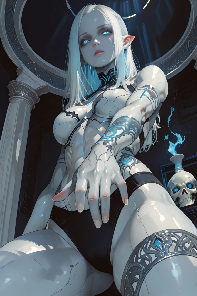 ((girl, Mecha)), Glowing eyes, Delicate face, Damaged Armor, Mechanical aura, Mechanical arm, White hair, Long hair, Ceramic body, Thigh clearance, Small breasts, Network Background, Very nice city, (translucent, Reflective Skin), 8k, best quality, Super detailed, (Surrealism: 1.4),
