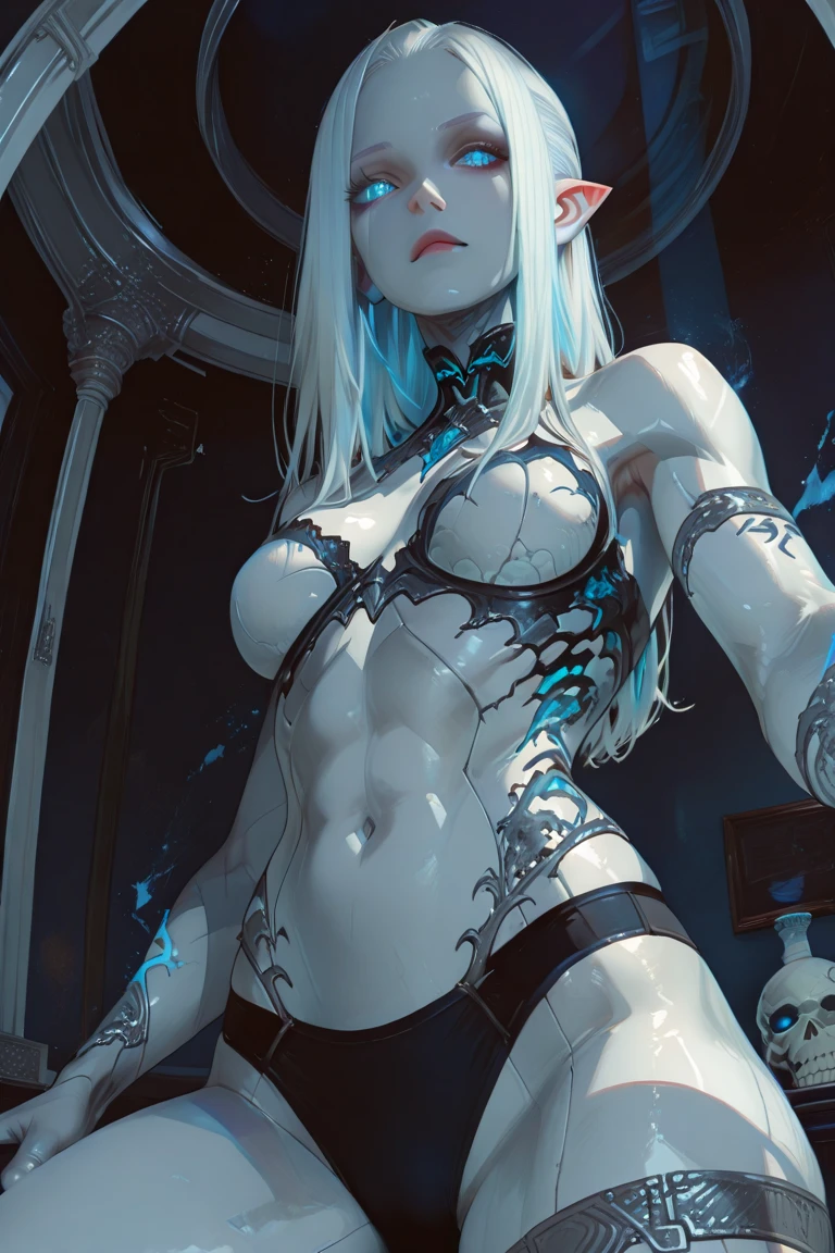 Full body like，（extremelydetailed8Kwallpaper），The terrifying necromancer in the shot，Ominous Shadows，Green smog，iintricate，high detal，dramatics，(RAW photo:1.2)，camel-toe，Hollow-out on，sweat leggs，White liquid， Smooth pink skin, shiny metallic glossy skin, Shiny, 　spread their legs　M-shaped legs，angry look，sullenness，Irritated，white liquid all over body，Full body like，