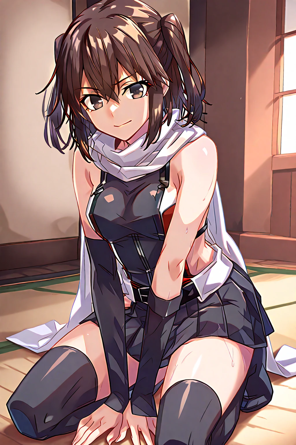 nsfw,((masterpiece, best quality illustrations,extremely detailed anime face:1.5)),1girl,solo,20 year old beauty、nadia la arwall、tears,shy look、ideal ratio body proportions,slender  body,medium breasts,short cut hair,(dark skin:1.3),oliy skin,sweat,white bra、white shirt、open clothes,white mini skirt、white panties、pleated skirt、naked,bara naked,sitting,spread legs,Simple bed、simple bedroom、