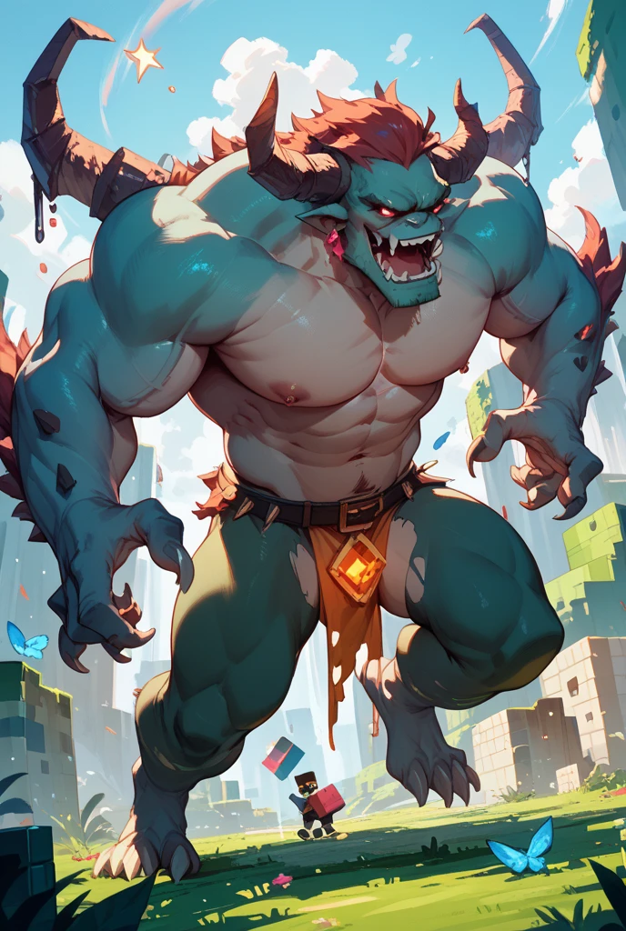 male shark, Strong build, very thick build, destroyed clothes, feral beast, forcefully removing clothes, hulking out of clothes, clothes in tatters, hypervascularity, hyper erect penis, thick penis, copious amounts of cum 1.6, mighty roar, double bicep pose, pelvic thrusting, standing upright, (green skin: 1.1), overbite, thick sharp teeth, large thick lower canine teeth, dark eyes, destroyed pants and shirt, rampage, impact, evil smile, thick arms, thick thighs, (large pecs: 1.4), muscular pecs, (bara pecs: 1.6), macro, landscape dwarfing, village destruction, building destruction, ruined village, village on fire,
