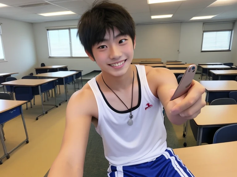 One boy、Beautiful Boy、18-year-old、Japanese Boy、Beautiful Boy、Black Hair、classroom、Upper body naked、pants、Change of clothes