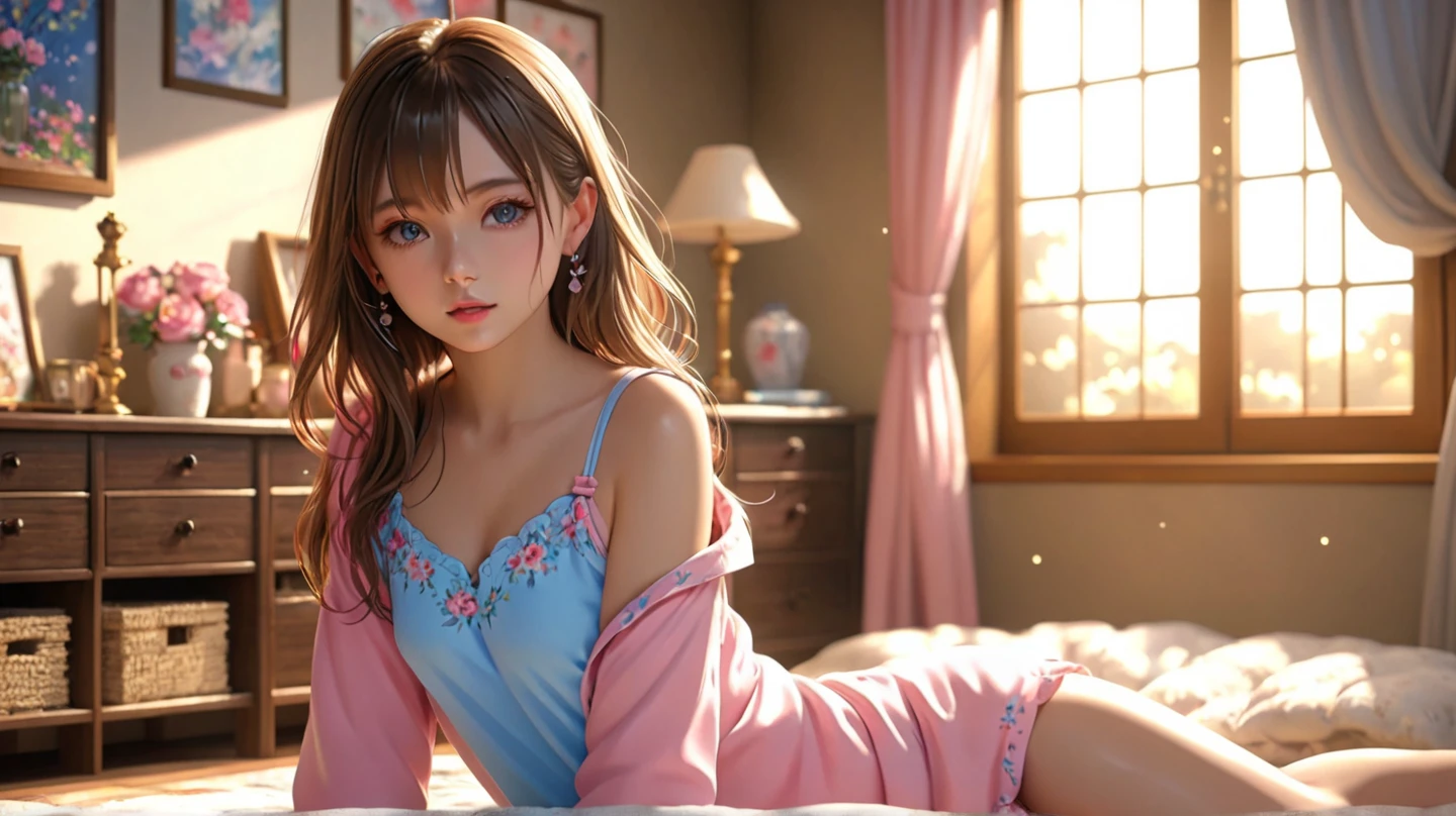 Pretty beauty,the breasts are large(1:3),full bodyesbian,Bare thighs,Loose pajamas,Deep cleavage,Cat-eared lady,Arms support the body,onbed --auto