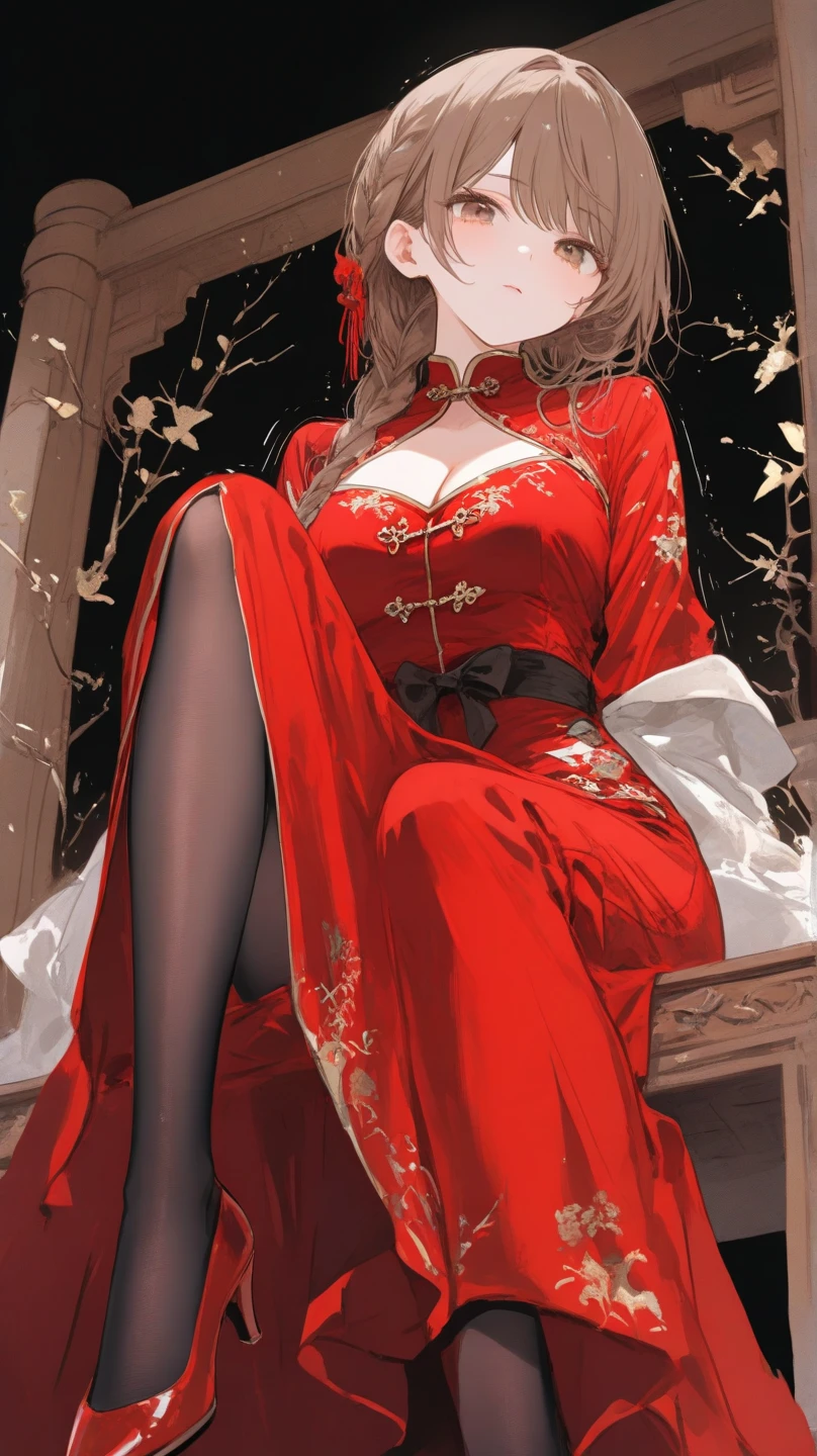 (((Wearing a red slit cheongsam,Black gloves on both hands。(((Kurotsuchi,short black hair,black pupils,Good-looking, ))),(((wide hips))),S-shaped body:1.7))),((masterpiece)),high resolution, ((Best quality at best)),masterpiece,quality,Best quality,((( Exquisite facial features,looking at the audience,There is light in the eyes,lol,confidence ))),(((Light and shadow interlace,huge ,cleavage))),(((looking into camera,legs together,Put your hands behind your back,Slender and slender legs)))