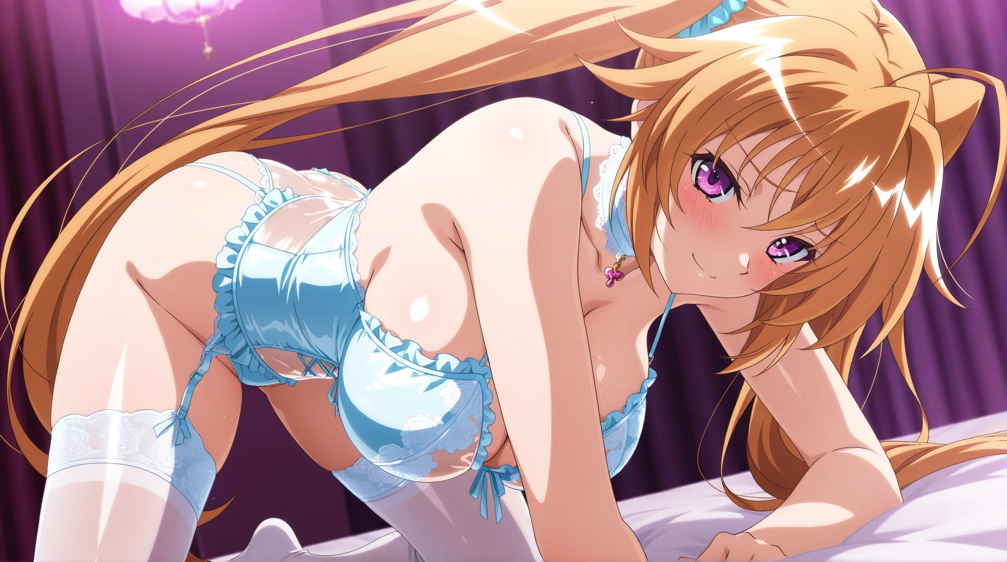 ((masterpiece)), highest quality, Super detailed,(One girl),Yuki Asuna、 Long Hair,Beautiful background ,((Dress with white stockings with garters)), chest, Curved body,Lie in, Look to the side, Worried face, Wide-open legs, NSFW,